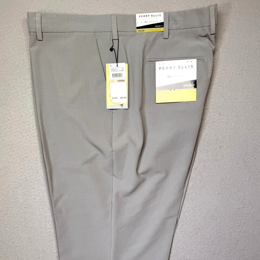 Perry Ellis Portfolio Men's Modern-Fit Stretch Pants Chiseled Stone 42x30 $95